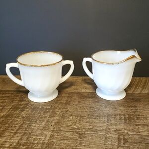 Fire King Vintage White Milk Glass Creamer and Sugar Set Gold Trim